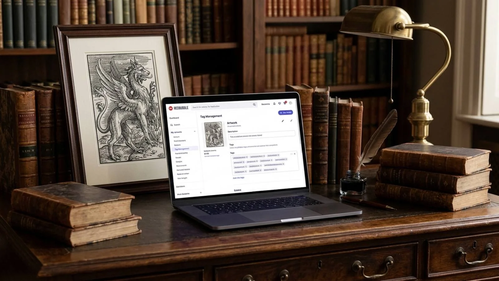 A dark academia workspace with a laptop showing Redbubble tag management interface, surrounded by antique books and a woodcut engraving print
