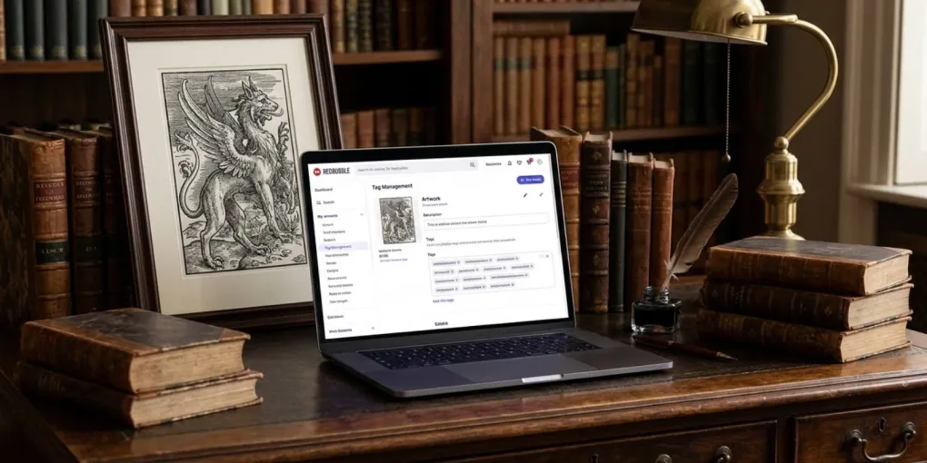 A workspace with a laptop showing a Redbubble listing tag editor and a checklist for relevant descriptive tags
