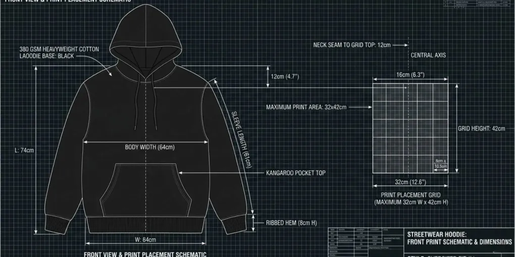Detailed blueprint of a streetwear hoodie showcasing the exact dimensions of the front print placement grid