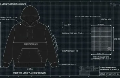 Detailed blueprint of a streetwear hoodie showcasing the exact dimensions of the front print placement grid