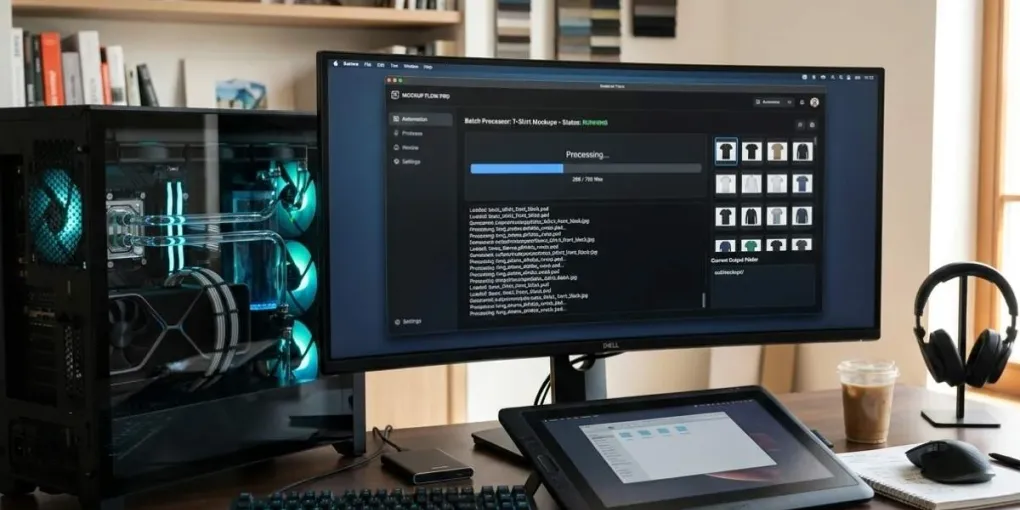A high-performance workstation running desktop automation software to batch-process apparel mockup files