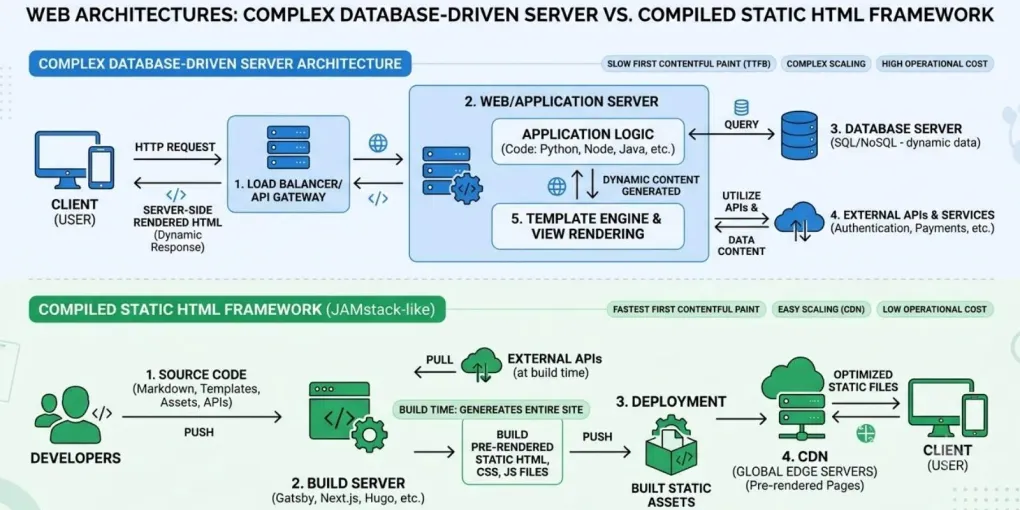 A conceptual diagram contrasting a complex database-driven server architecture with a compiled static HTML framework.