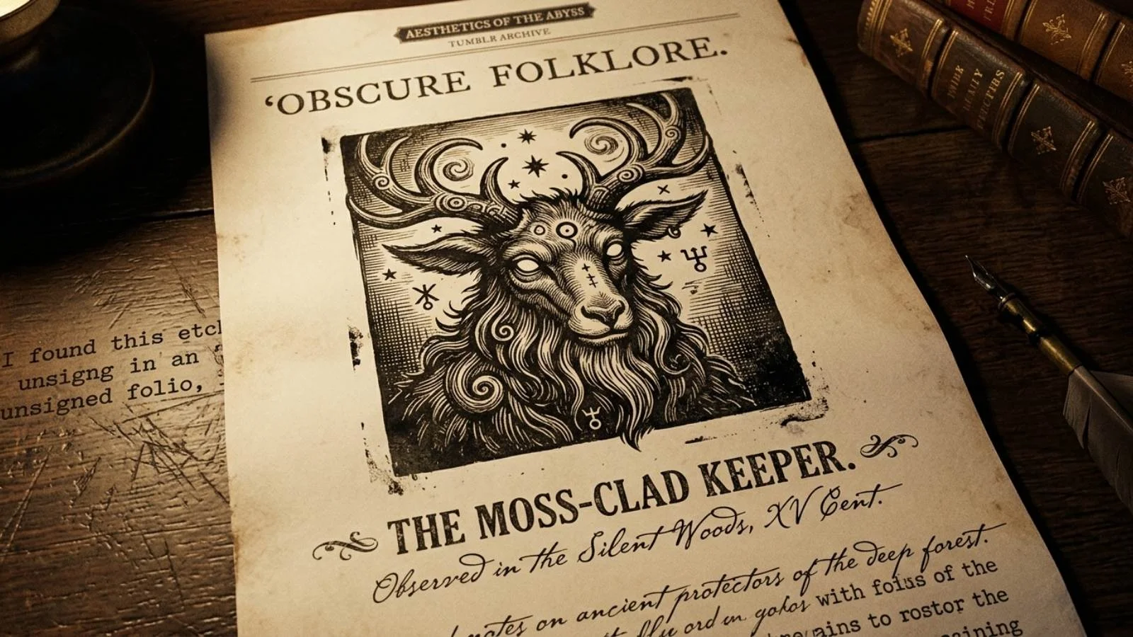 A dark academia aesthetic blog post on Tumblr featuring a woodcut engraving of a mystical creature with atmospheric lighting and vintage typography