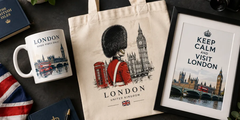 Flat lay of personalized print on demand gifts for UK buyers: a mug, a tote bag and a framed print with British-themed designs