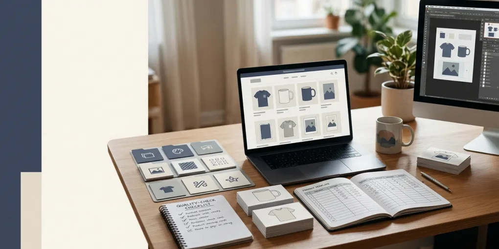 A solo print-on-demand seller organising design files, product templates, mockups and publishing checks across a no-code workflow