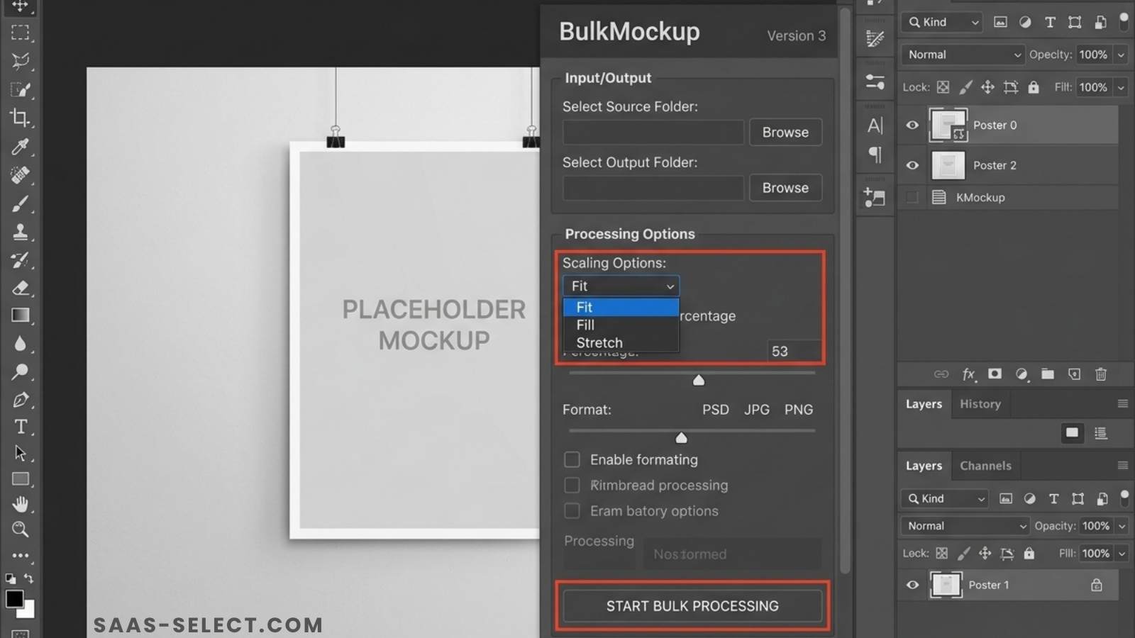 BulkMockup plugin interface in Adobe Photoshop showing folder selection and scaling options