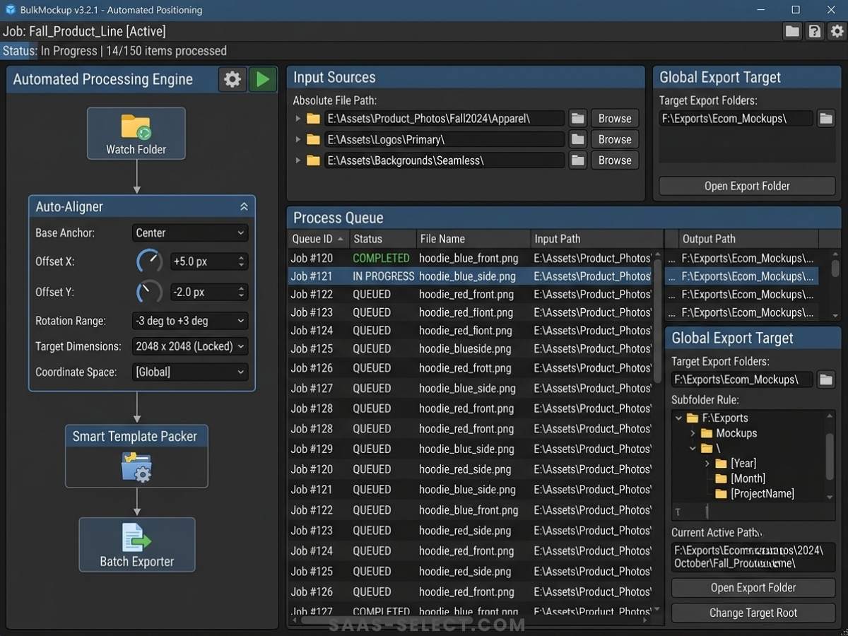 BulkMockup interface showing automated positioning coordinates, file paths, and target export folders for automated batch processing