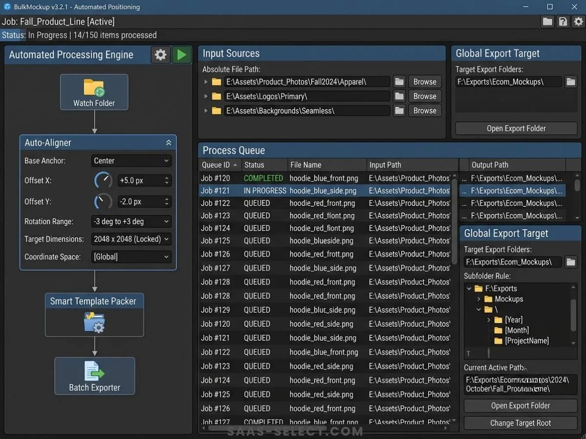 BulkMockup interface showing automated positioning coordinates, file paths, and target export folders for automated batch processing