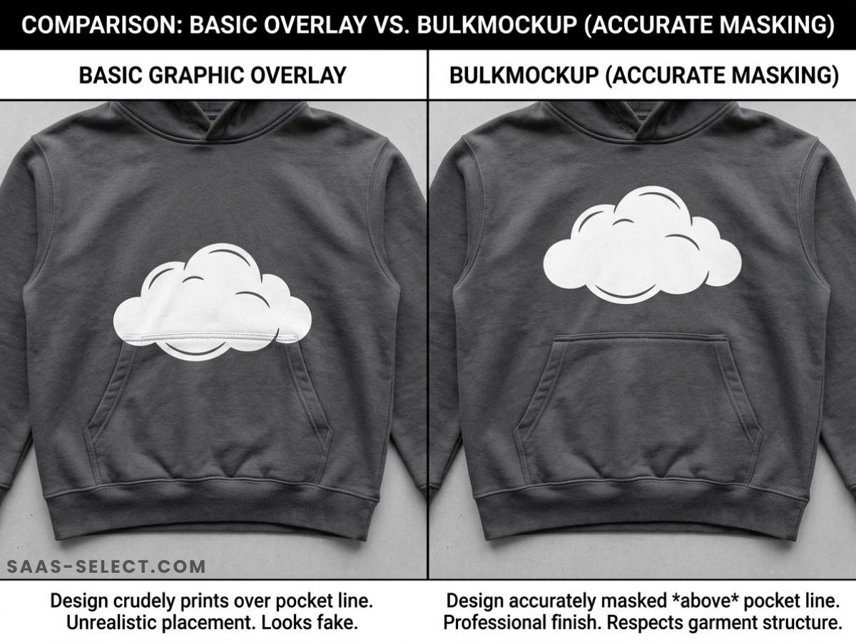 Comparison showing a flat cloud graphic overlay overlapping a hoodie pocket versus BulkMockup accurately masking the design above the pocket line