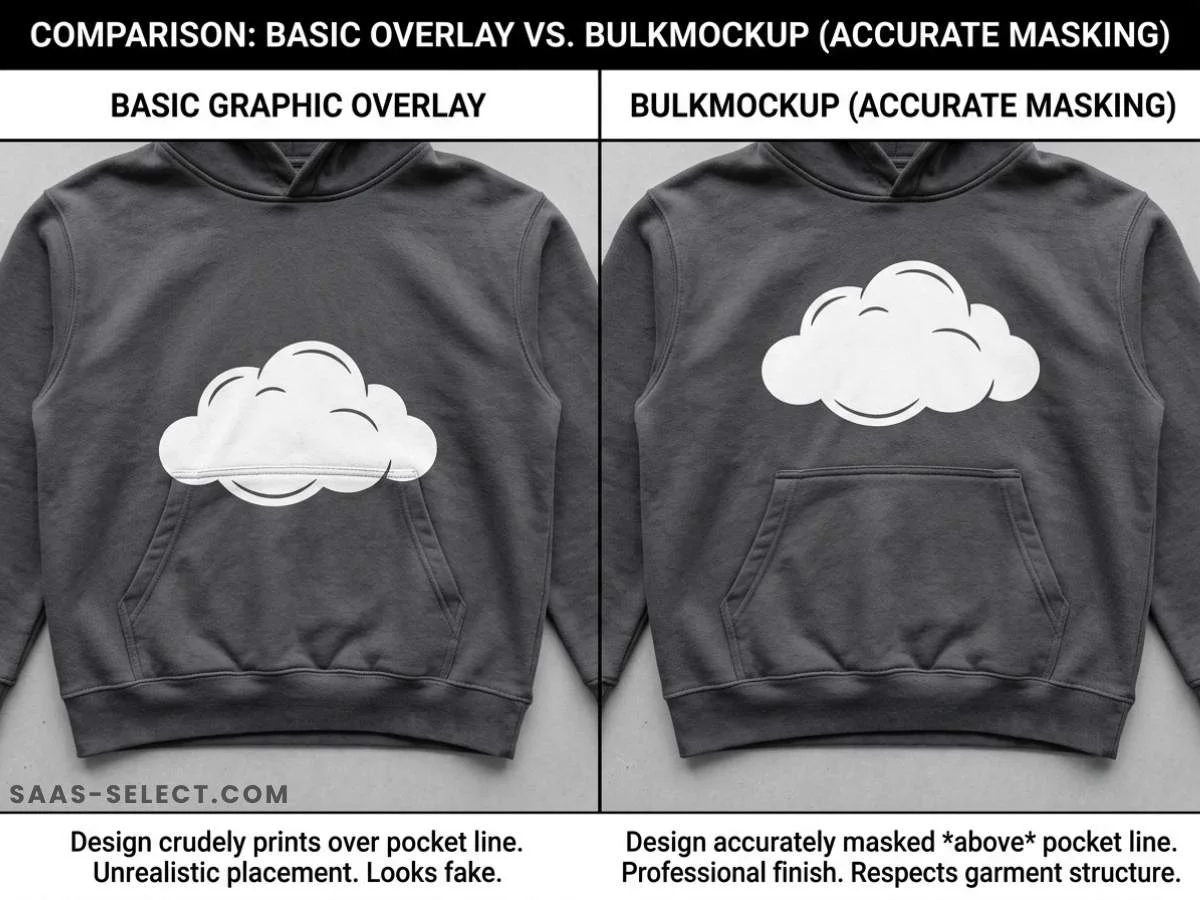 Comparison showing a flat cloud graphic overlay overlapping a hoodie pocket versus BulkMockup accurately masking the design above the pocket line