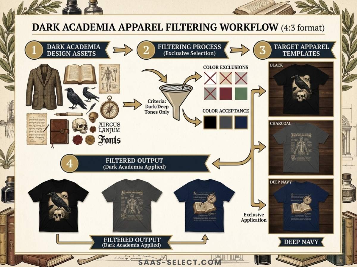 Graphical workflow showing a collection of Dark Academia design assets being filtered exclusively onto black, charcoal, and deep navy shirt templates
