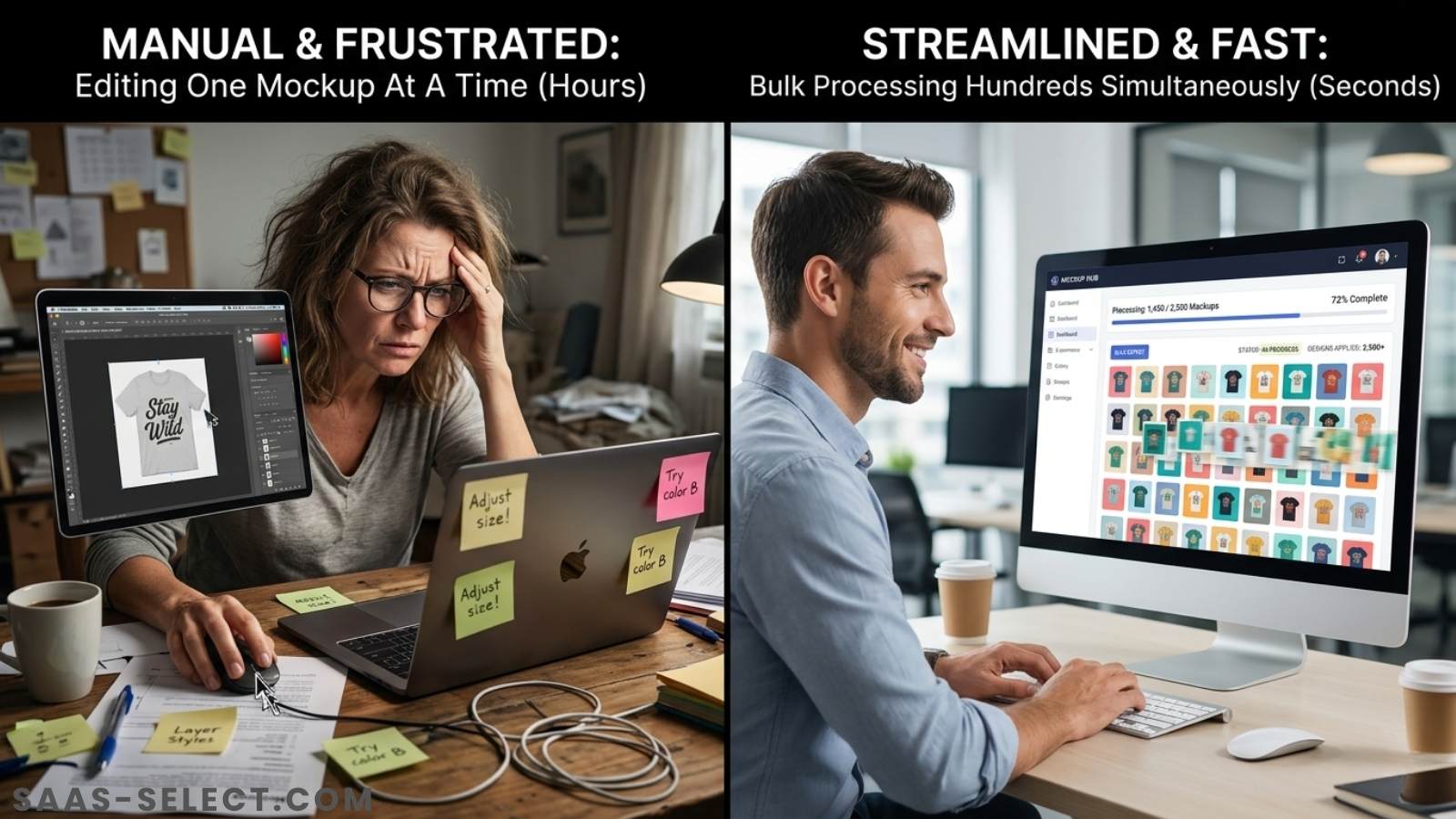 Image Alt: A split screen showing a frustrated seller manually editing one mockup versus a streamlined dashboard processing hundreds of mockups simultaneously