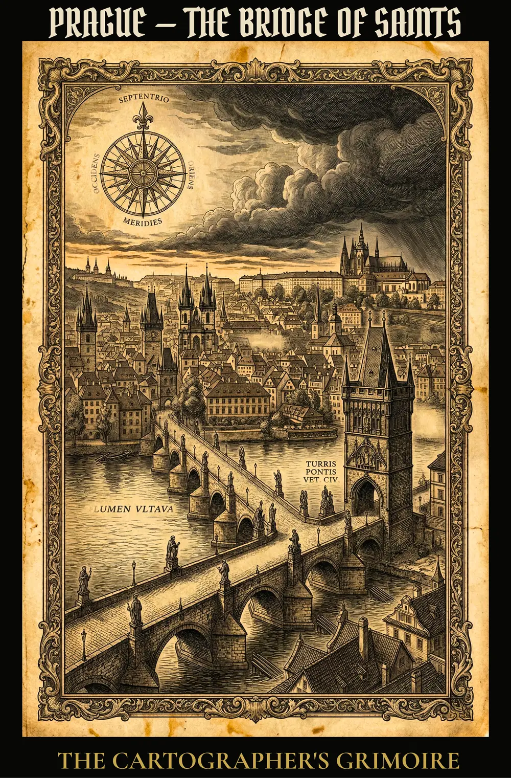 Gothic gold-on-black engraving poster of Prague's Charles Bridge at night, titled The Bridge of Saints, part of The Cartographer's Grimoire collection