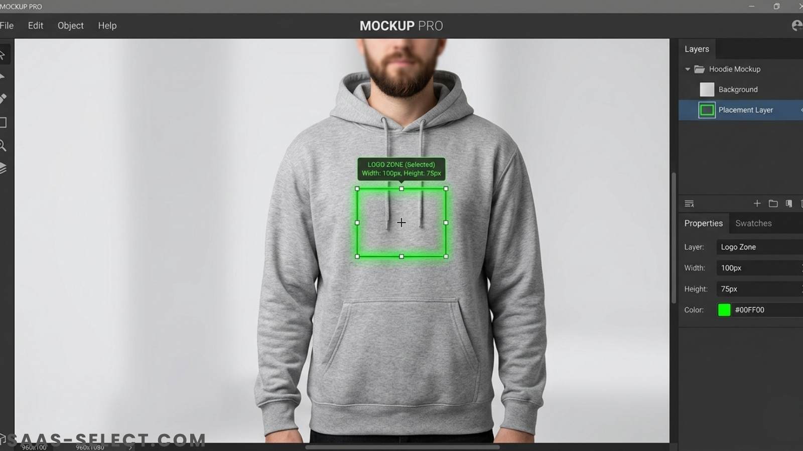 Software interface showing a neon green bounding box strictly isolated above the front pocket of a blank grey hoodie mockup