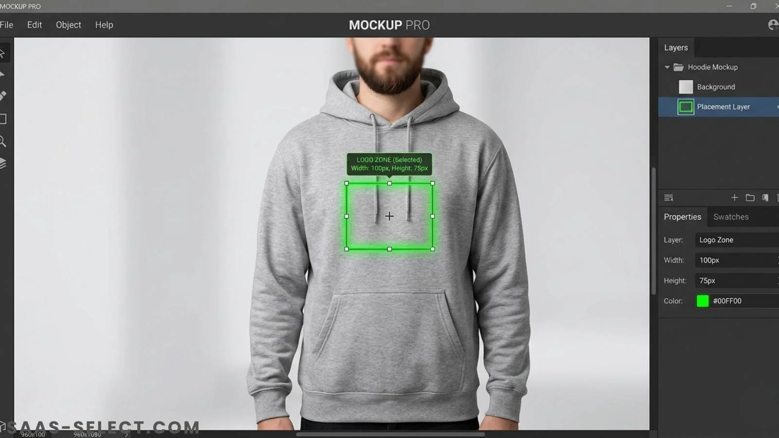 Software interface showing a neon green bounding box strictly isolated above the front pocket of a blank grey hoodie mockup