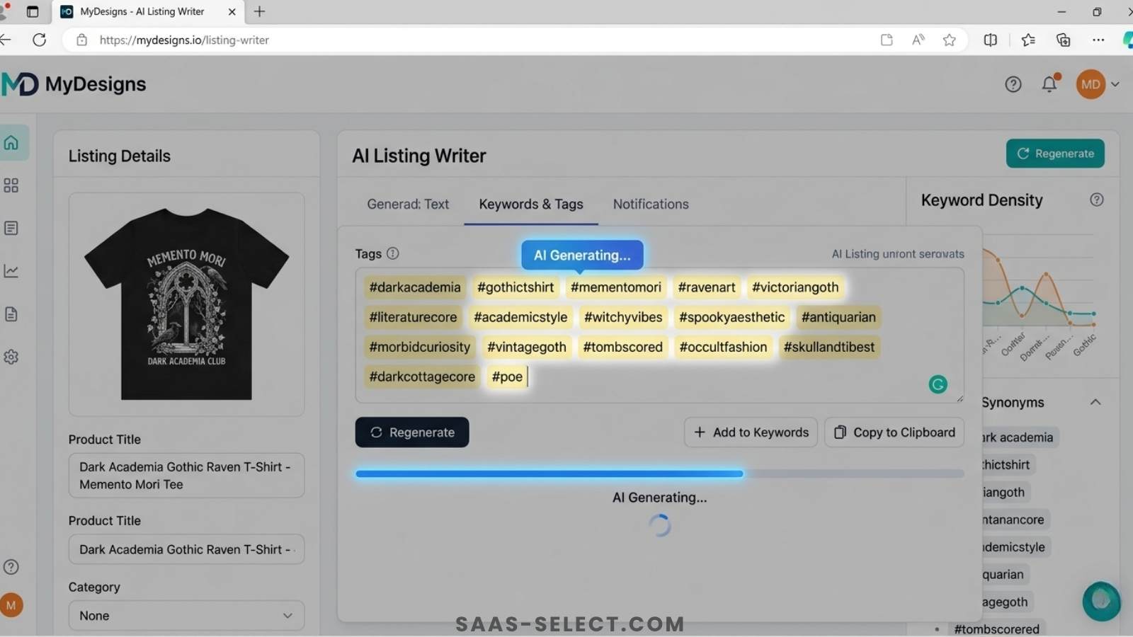 Screenshot of the MyDesigns AI Listing Writer generating Dark Academia tags for a gothic t-shirt design