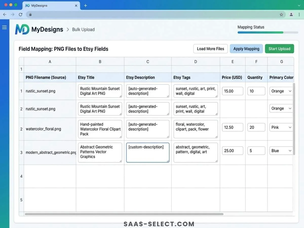 MyDesigns cloud dashboard showing a bulk upload spreadsheet grid mapping PNG files to Etsy metadata fields