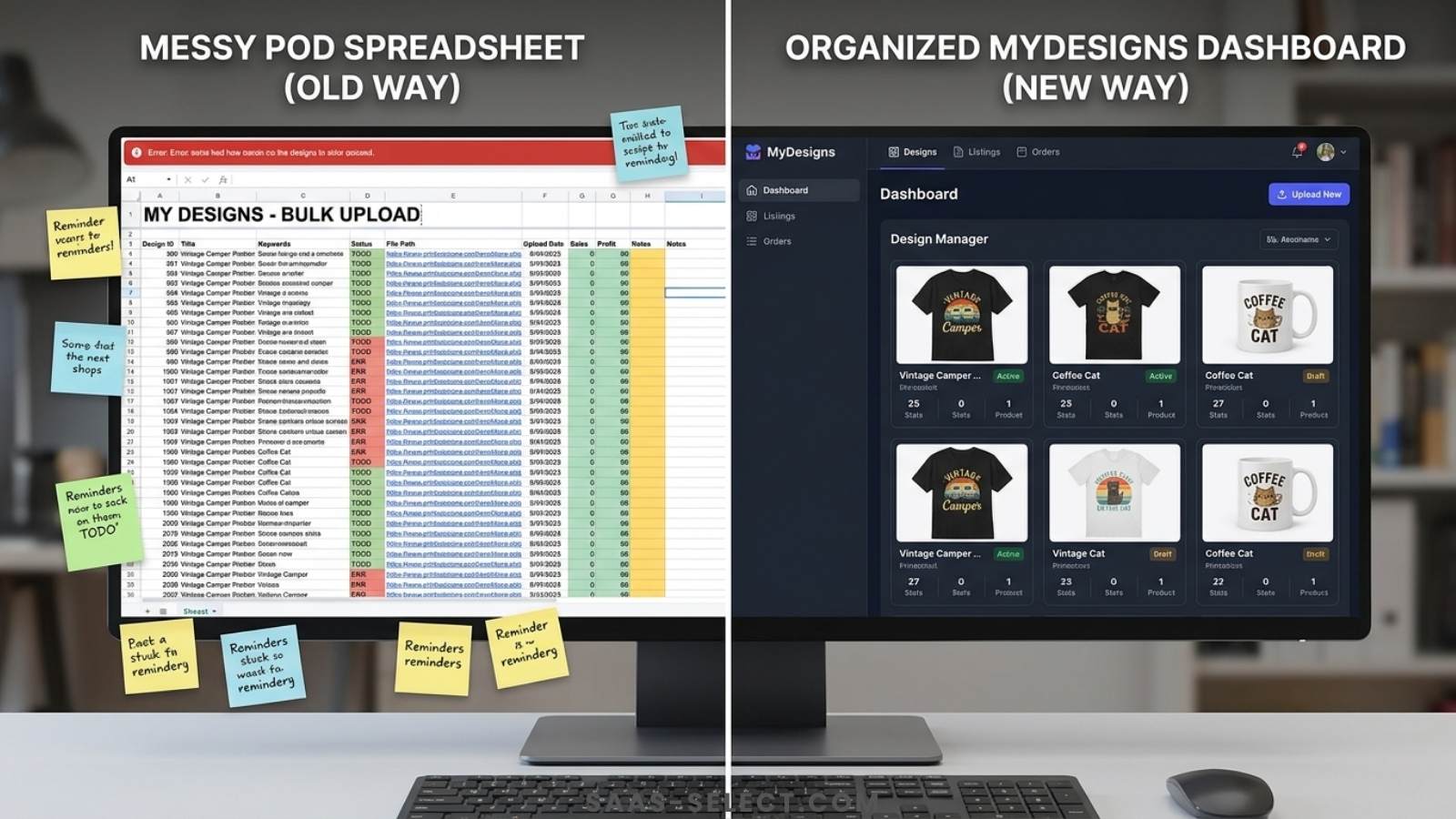 A split screen showing a messy spreadsheet of POD designs next to the clean, organized MyDesigns dashboard interface