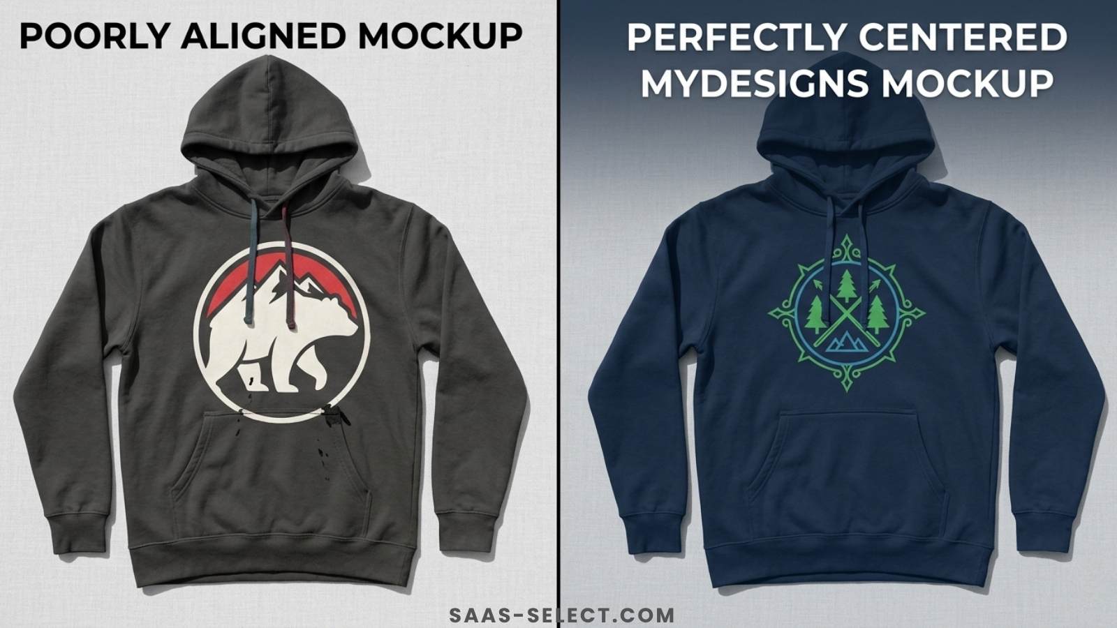 Side-by-side comparison of a poorly aligned hoodie mockup with pocket bleed versus a perfectly centered MyDesigns hoodie mockup