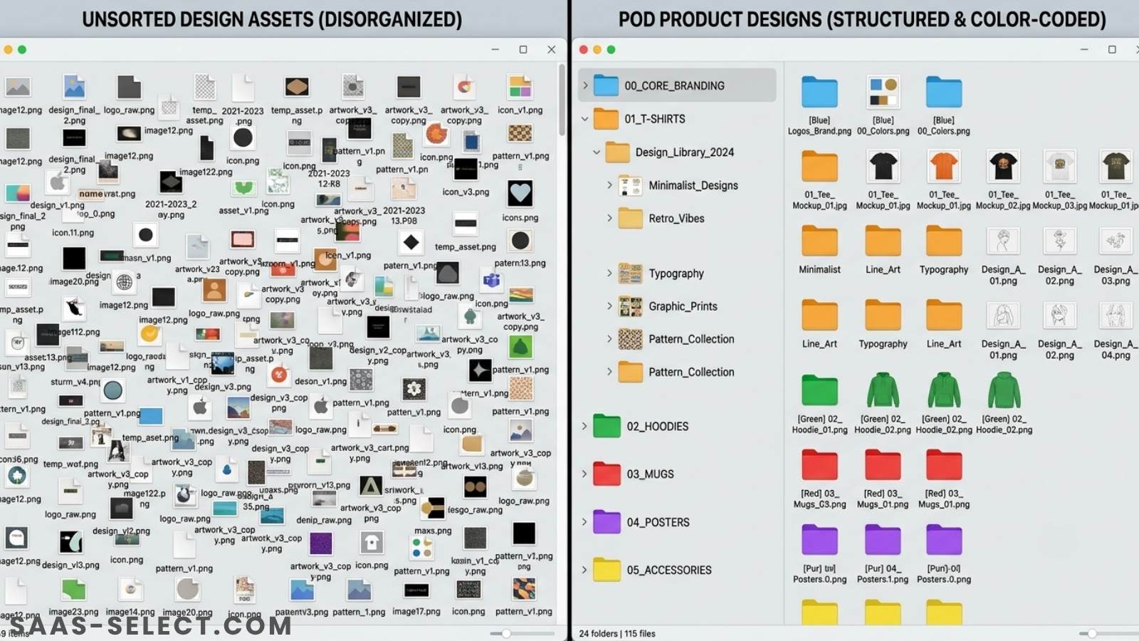 A split screen showing a messy folder of random PNG files next to a highly structured, color-coded POD asset folder system