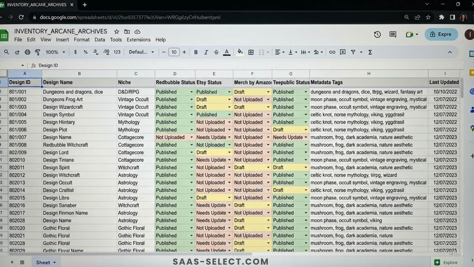 Screenshot of the INVENTORY_ARCANE_ARCHIVES Google Sheet tracking print-on-demand design inventory with columns for niche, platform status, and metadata tags