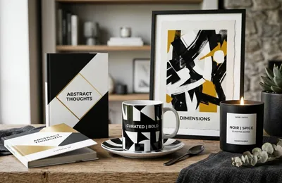 Close-up of AI-generated lifestyle mockups featuring high-contrast design products