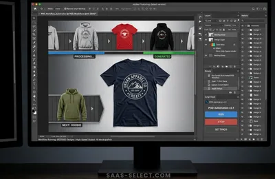 A high-speed print-on-demand workflow generating automated apparel mockups inside Adobe Photoshop
