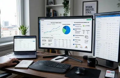 Digital workspace showing analytics and print on demand niche research workflows