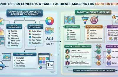 Graphic design concepts and target audience mapping for print on demand storefronts