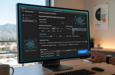 Graphic design template settings showcasing high-resolution canvas exporting parameters for digital automation