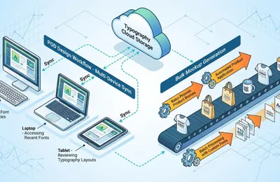 Typography assets syncing from cloud storage into a POD design workflow across multiple devices and bulk mockup generators