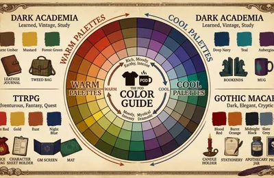 Color wheel infographic showing warm and cool palettes for print-on-demand products with Dark Academia, TTRPG, and Gothic Macabre examples