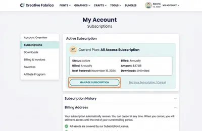 Creative Fabrica account subscriptions page showing the manage subscription and cancellation options