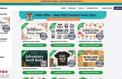 Creative Fabrica Daily Gifts page showing free fonts, SVGs and graphics with commercial license badges