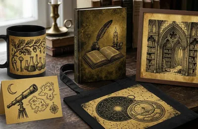 A curated collection of Dark Academia print-on-demand products featuring woodblock engravings on antique gold backgrounds