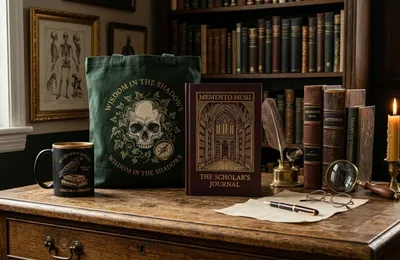 A curated collection of Dark Academia print-on-demand products featuring woodblock engravings, antique gold accents, and scholarly props styled on a vintage wooden desk