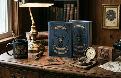 A curated collection of print-on-demand products featuring cohesive woodcut engravings, antique gold accents, and Dark Academia styling on a vintage desk