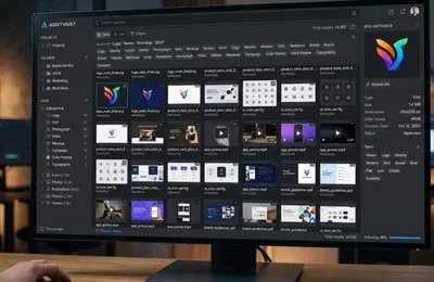 Sleek dark-themed interface of a digital asset management desktop application organizing thousands of design assets, categorical tags, and rich media metadata.