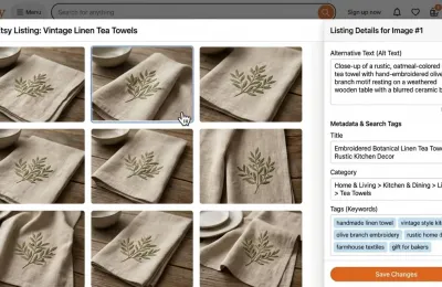Etsy listing photo grid showing a mockup thumbnail alongside its alt text and metadata fields