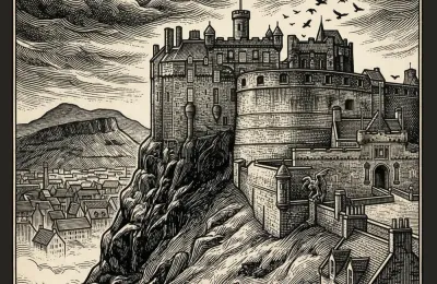Gothic woodcut engraving poster of Edinburgh Castle at night, titled The Old Town Citadel, part of The Cartographer's Grimoire collection