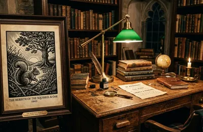 A dark academia workspace with a wooden desk, antique books, and a print showing a gothic woodcut engraving, symbolizing a brand pivot after an IP crisis