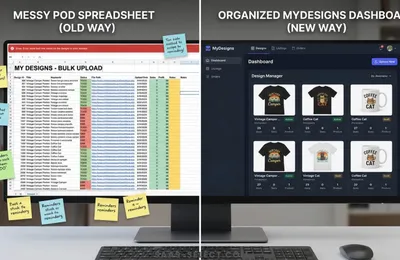 A split screen showing a messy spreadsheet of POD designs next to the clean, organized MyDesigns dashboard interface