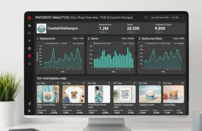 Pinterest Analytics dashboard showing impressions, saves, and outbound click metrics for a POD Etsy shop