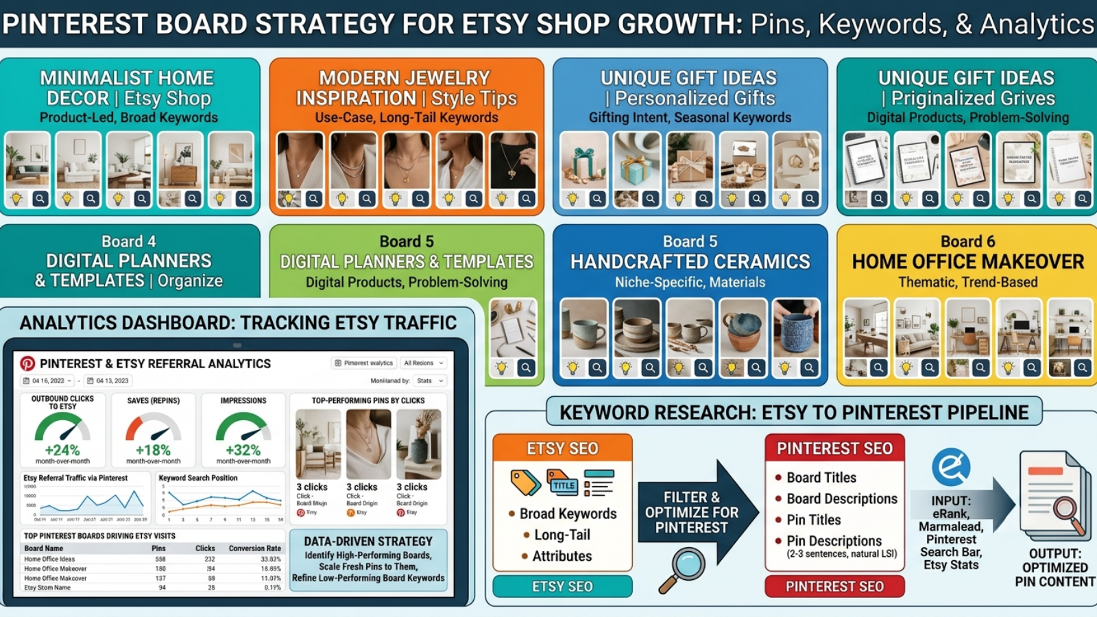 Pinterest board strategy showing vertical pins optimized for Etsy SEO with keyword research and analytics dashboard