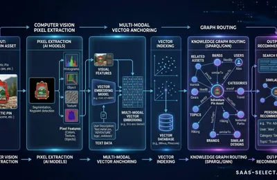 An architectural workflow diagram illustrating how a visual pin asset passes through computer vision pixel extraction, multi-modal vector anchoring, and graph routing.