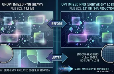 A split-screen comparison showing a heavy unoptimized PNG file layout transforming into a mathematically compressed, lightweight image asset without loss of visual clarity.