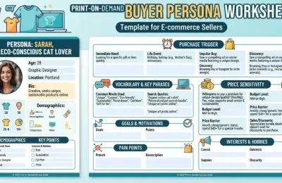 Print-on-demand buyer persona worksheet showing purchase trigger, vocabulary, and price sensitivity fields