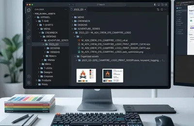 A highly organized digital workspace displaying structured file hierarchies, clean folder naming strings, and optimized print-on-demand assets.