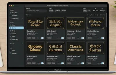 Font manager interface showing niche-sorted typography collections for Dark Academia and tabletop RPG POD design workflows