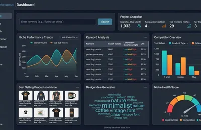 Screenshot-style illustration of a print-on-demand niche research dashboard